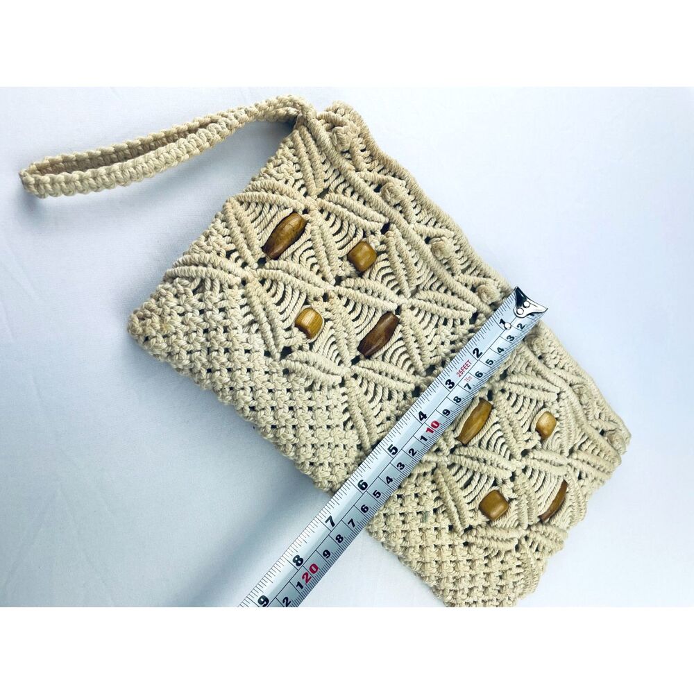 ~ Boho Macrame Wristlet Bag Clutch Purse Festival Cream Wood Beads Handbag - Picture 7 of 13